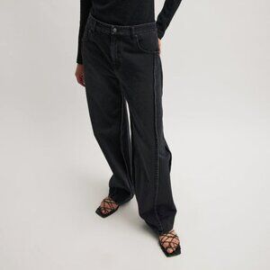 Tibi SS24 Vintage Black Denim Barrel Shorter Tuck Jeans